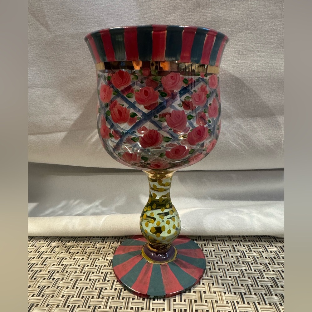 Vintage MacKenzie Childs Circus pattern Goblet- Rose Arbor Design